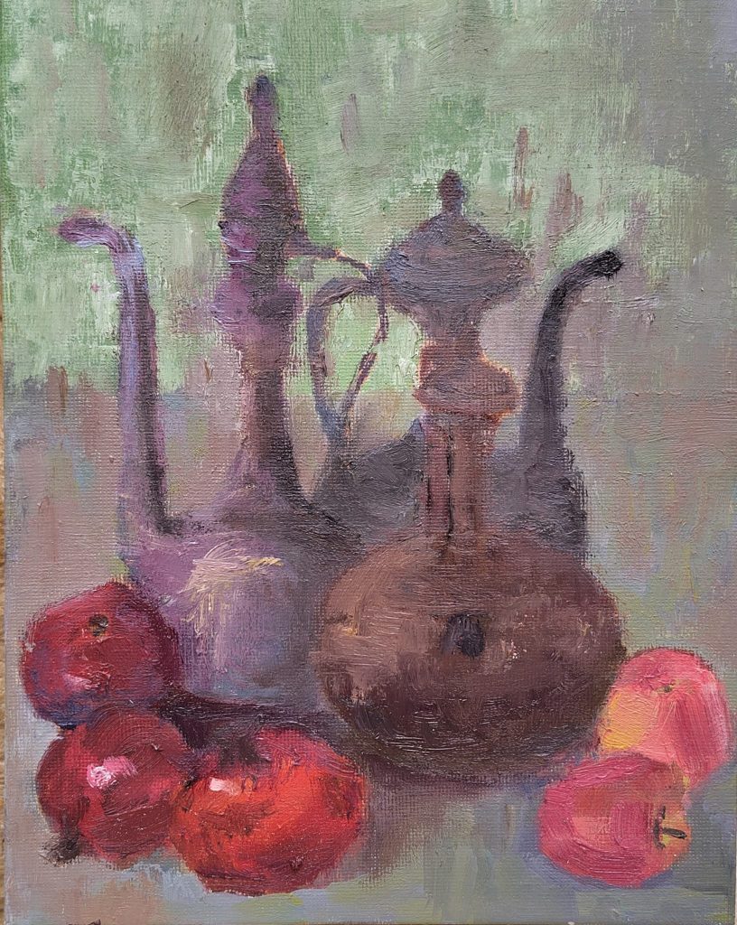 Red fruit and copper pots