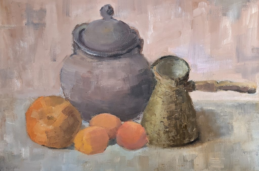Still life with apricots and an orange